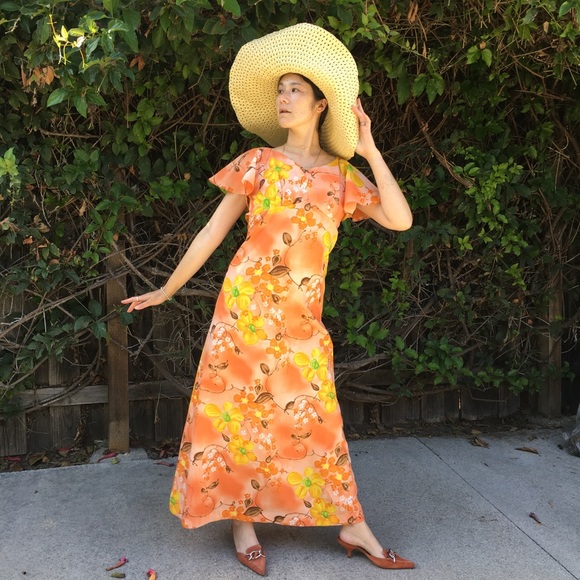 90s *Maluna Hawaii* Floral Creamsicle Maxi Dress - Picture 1 of 5